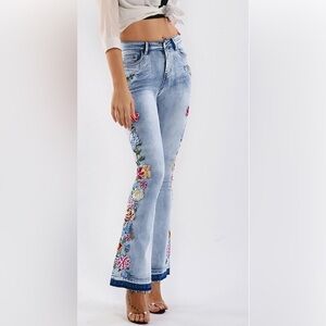 Womens 70’s Floral Embroidered High-Rise Bell Bottom Flare Jeans Denim Pants boh